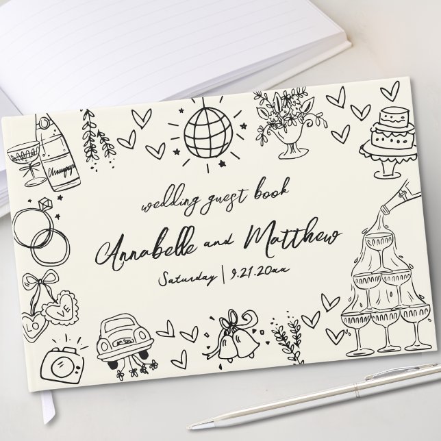 Handritad Vintage Whimsical Bröllop Gästböcker (Hand Drawn Vintage Whimsical Wedding Guest Book)