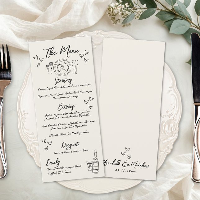 Handritad Vintage Whimsical Bröllop Meny (Hand Drawn Vintage Whimsical Wedding Menu)