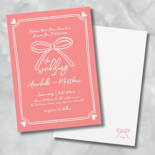 Handritad Whimsical båge korall bröllop Inbjudningar (Hand Drawn Whimsical Bow Coral Wedding Invitation)