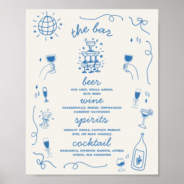 Handritad Whimsical Bar Drink Meny Bröllopsskylt Poster (Framsidan)