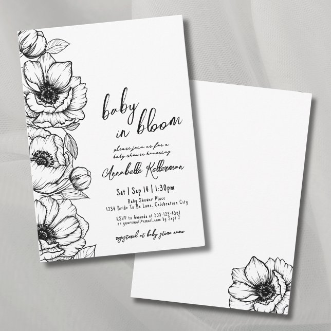 Handritad Whimsical Bebis-fest Inbjudningar (Floral Hand Drawn Whimsical Baby Shower Invitation)