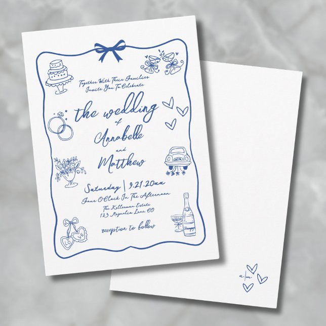 Handritad Whimsical Blå Bröllop Inbjudningar (Hand Drawn Whimsical Blue Wedding Invitation)
