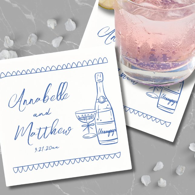 Handritad Whimsical Blå Bröllop Pappersservett (Hand Drawn Whimsical Blue Wedding Napkins)