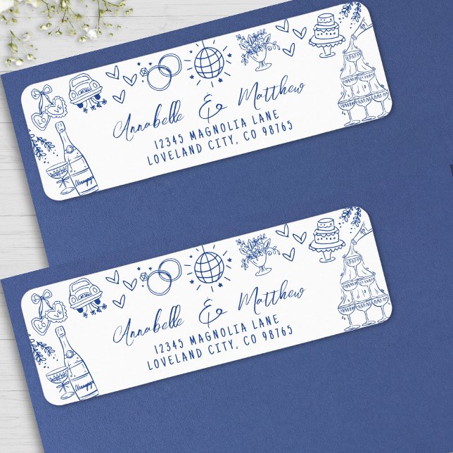 Handritad Whimsical Blå Bröllops Returadress Etikett (Hand Drawn Whimsical Blue Wedding Return Address label )