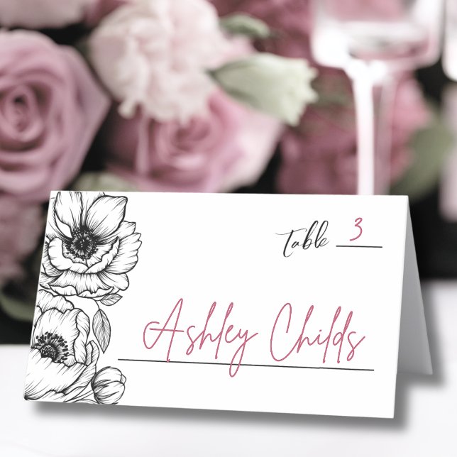 Handritad Whimsical Blommig Bröllop Placeringskort (Hand Drawn Whimsical Floral Wedding Place Card)