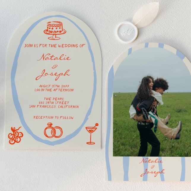 Handritad Whimsical Böjd Unik Foto Bröllop Inbjudningar (Skapare uppladdad)