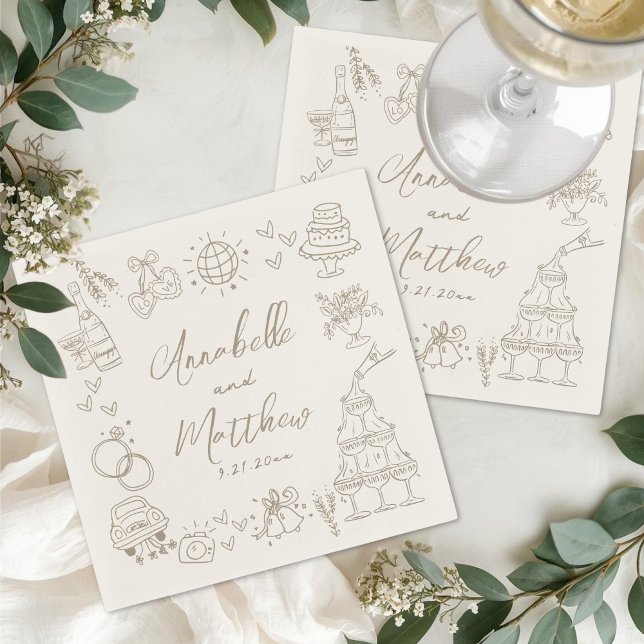 Handritad Whimsical Bröllop Pappersservett (Hand Drawn Whimsical Wedding Napkins )