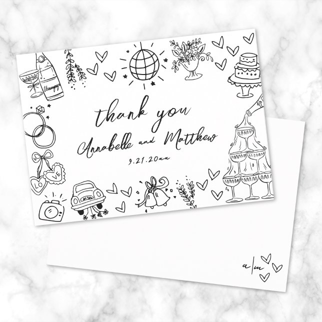 Handritad Whimsical Bröllop Tack Kort (Hand Drawn Whimsical Wedding Thank You Card)