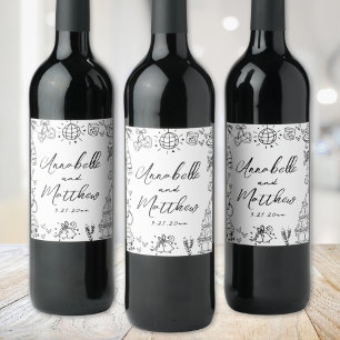 Handritad Whimsical Bröllop Vinflaska Etikett