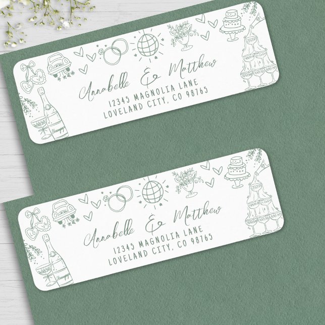 Handritad Whimsical Grön Bröllops Returadress Etikett (Hand Drawn Whimsical Green Wedding Return Address label )