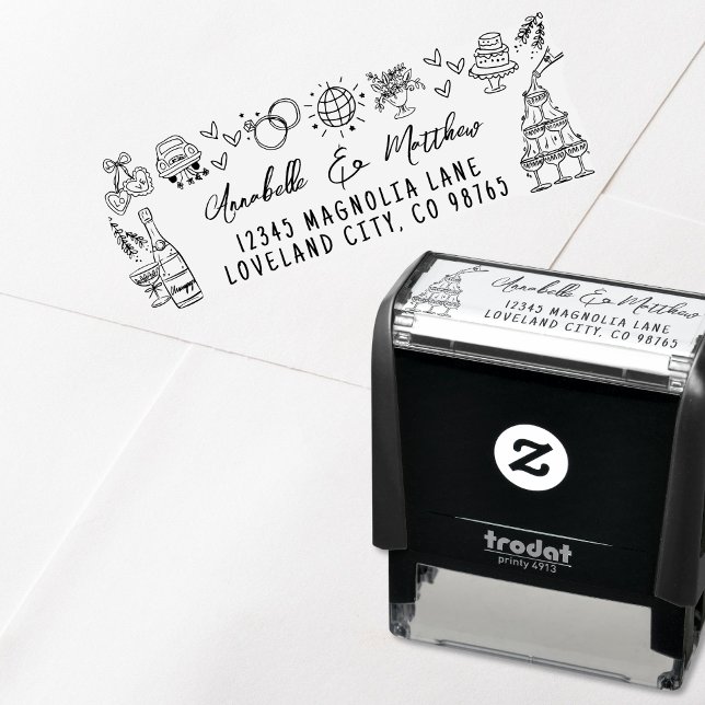 Handritad Whimsical Returadress för Bröllop Självfärgande Stämpel (Hand Drawn Whimsical Wedding Return Address self-inking stamp)