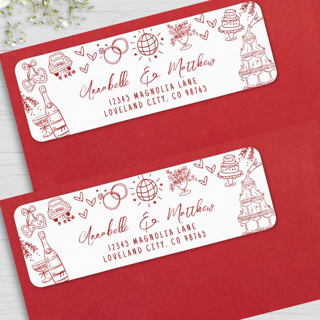 Handritad Whimsical Röd Bröllops Returadress Etikett (Hand Drawn Whimsical Red Wedding Return Address label)