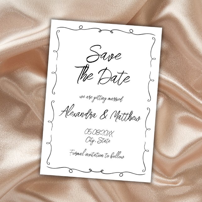 Handritad Whimsical Svart Och Vit Spara Datumet (hand drawn whimsical black and white wedding save the date card hand lettered funky)