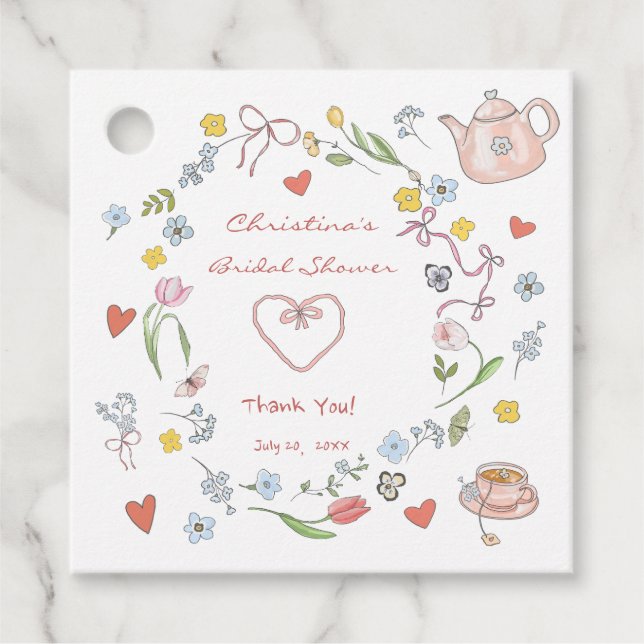 Handritad Whimsical Tea Bröllopsdusch Gåvor Etiketter (Framsida)
