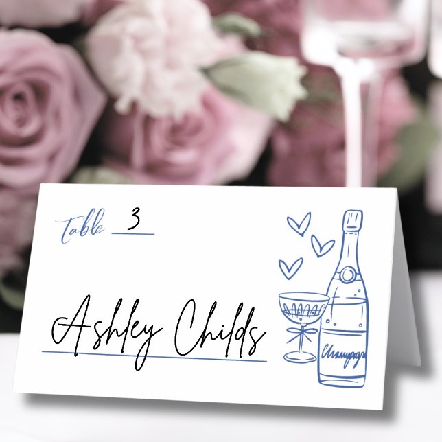 Handritad Whimsisk Blå Bröllop Placeringskort (Hand Drawn Whimsical Blue Wedding Place Card)