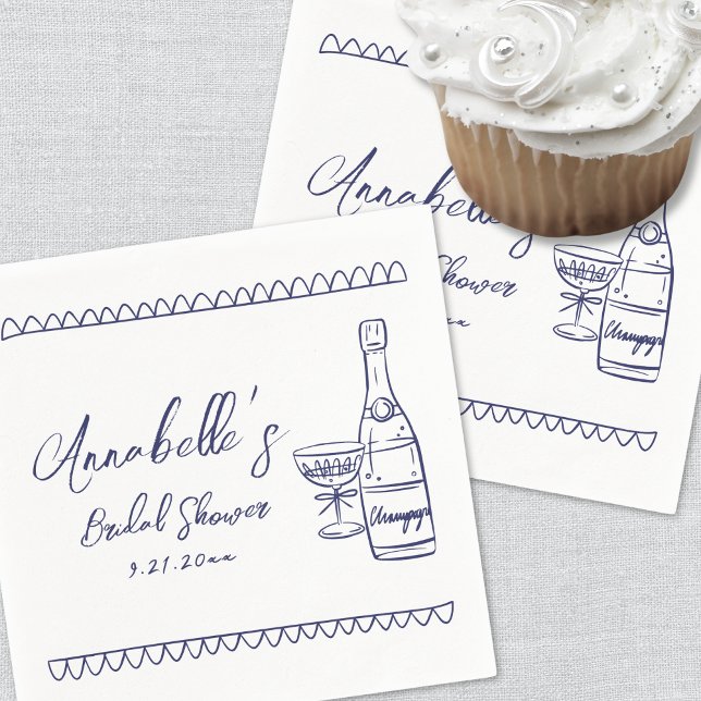 Handritad Whimsisk Blå Bröllopsdusch Pappersservett (Hand Drawn Whimsical Blue Bridal Shower Napkins)