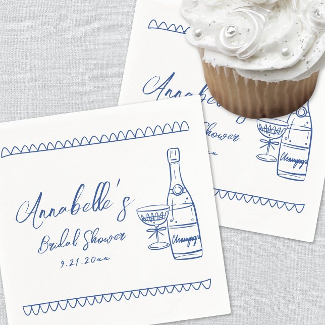 Handritad Whimsisk Blå Bröllopsdusch Pappersservett (Hand Drawn Whimsical Blue Bridal Shower Napkins)