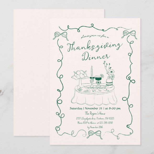 Handritad Whimsisk Middagsbord Thanksgiving  Inbjudningar (Fram/baksida)