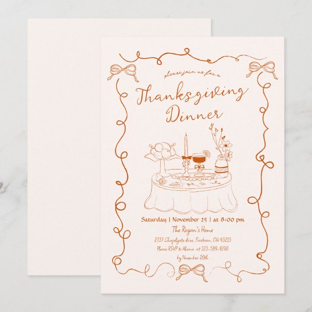 Handritad Whimsisk Middagsbord Thanksgiving  Inbjudningar (Fram/baksida)