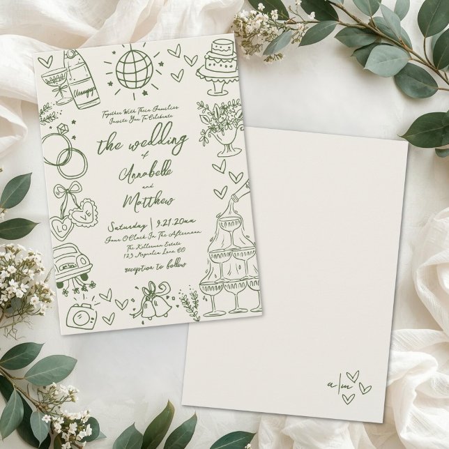 Handritad Whimsisk Retro Bröllop Inbjudningar (Hand Drawn Whimsical Retro Wedding Invitation)