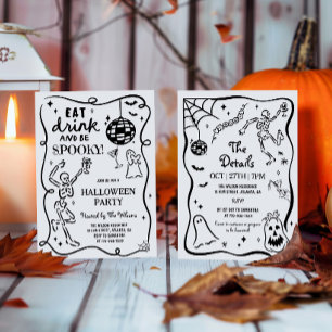 Handritad Whimsisk Skelett Spöklik Halloween Inbjudningar
