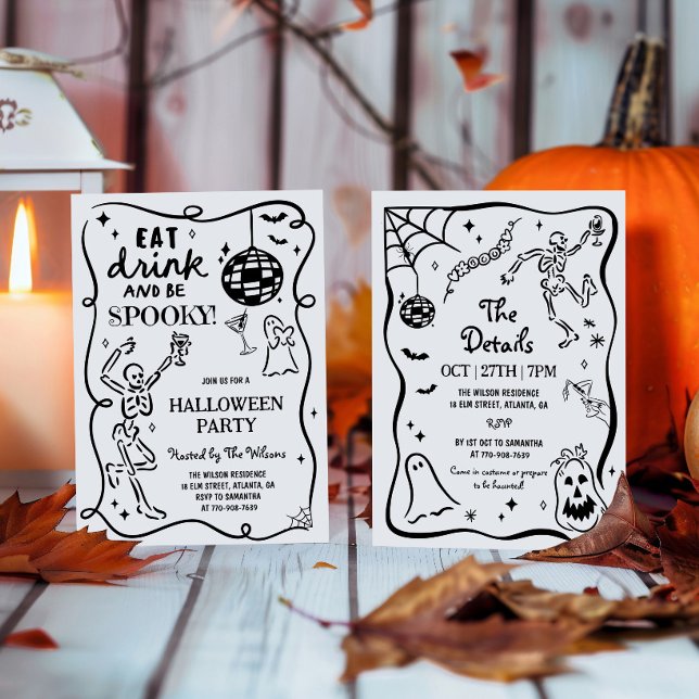 Handritad Whimsisk Skelett Spöklik Halloween Inbjudningar (Skapare uppladdad)