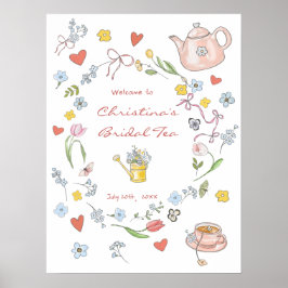 Handritad Whimsisk Tea Bröllopsdusch Välkommen Poster