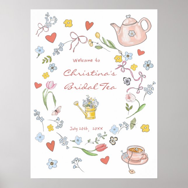 Handritad Whimsisk Tea Bröllopsdusch Välkommen Poster (Framsidan)
