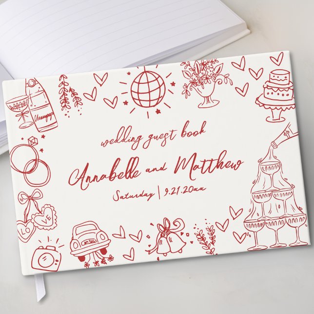 Handritad Whimsisk Vintage Röd Bröllop Gästböcker (Hand Drawn Whimsical Vintage Red Wedding Guest Book)