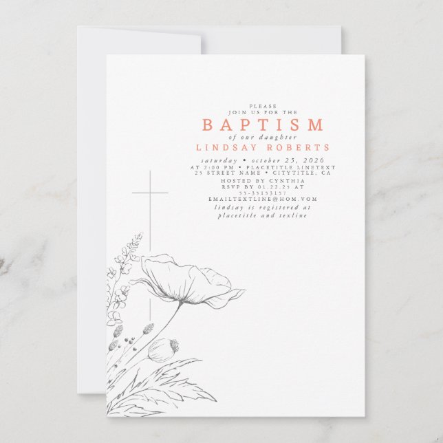 Handritad Wildblomma Elegant Peach Färg Baptism Inbjudningar (Framsida)