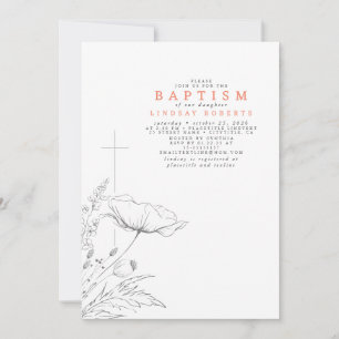 Handritad Wildblomma Elegant Peach Färg Baptism Inbjudningar