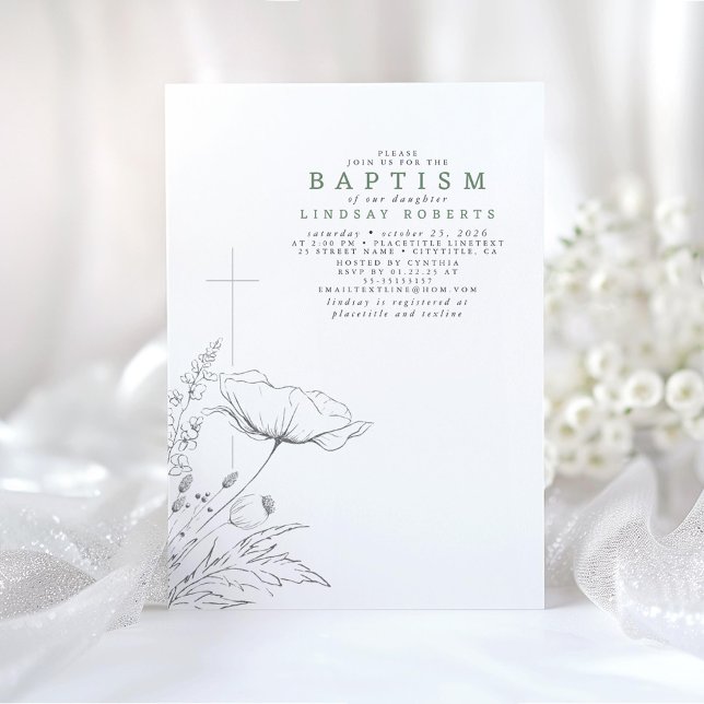 Handritad Wildblommes Elegant Sage Grönt Baptism Inbjudningar (Wildflowers Green Baptism Invitations)