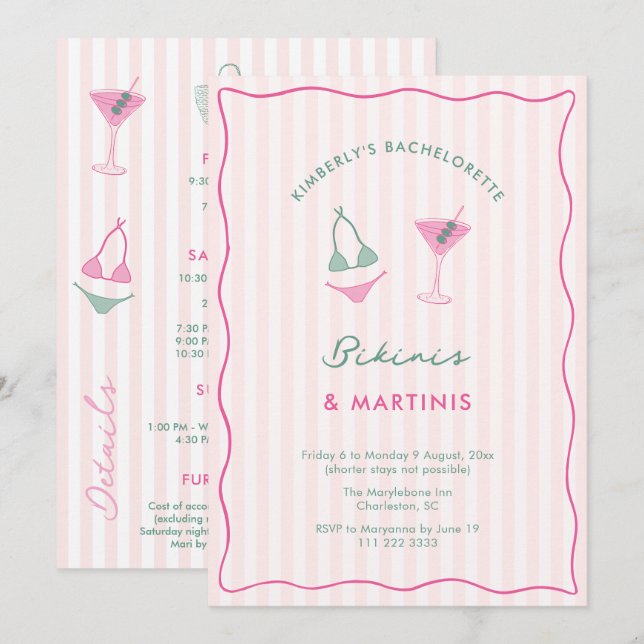 Handritade Bikinis & Martinis Möhippa Inbjudningar (Fram/baksida)