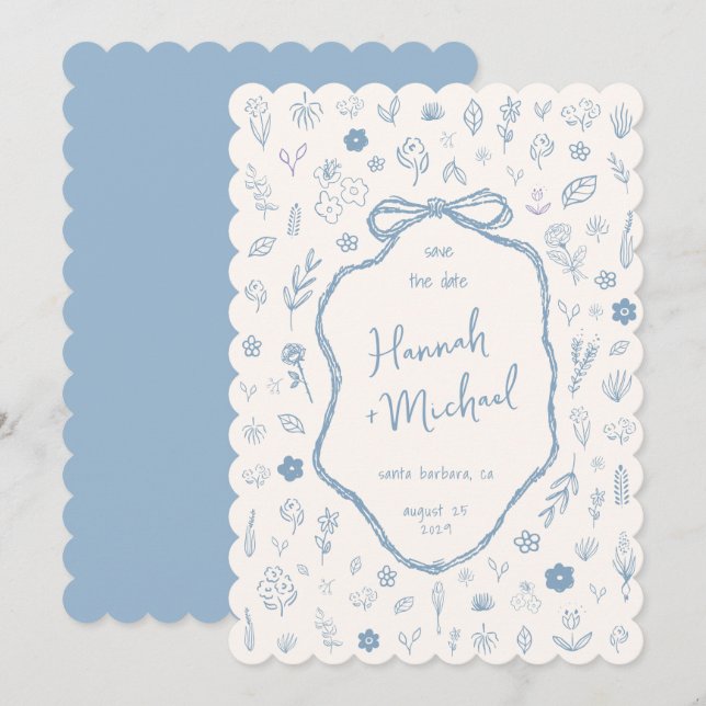 Handritade Blå Blommor Vinterbröllop Spara Datumet (Fram/baksida)