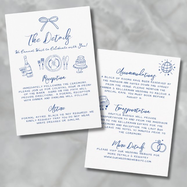 Handritade Blå Bröllopsdetaljer Tilläggskort (Hand Drawn Blue Whimsical Wedding Details Enclosure Card)