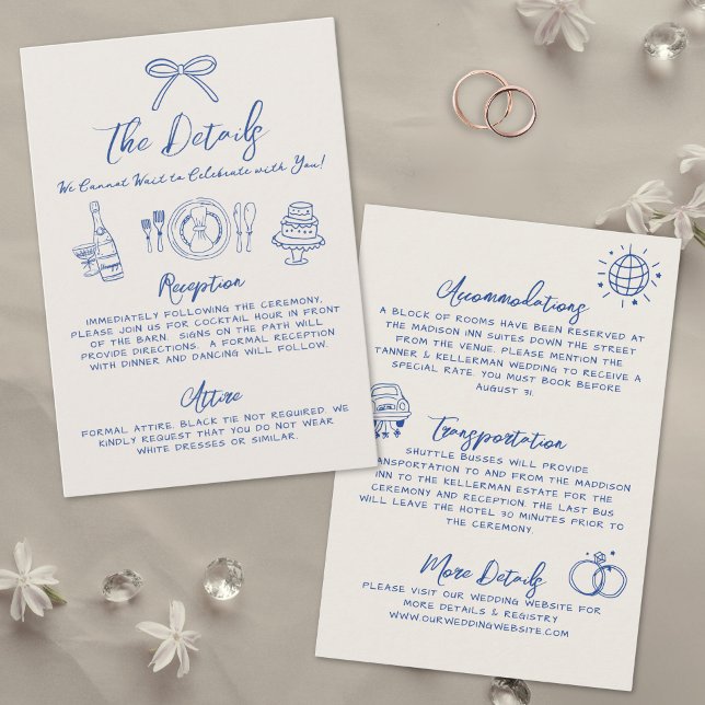 Handritade Blå Vintage Bröllopsdetaljer Tilläggskort (Hand Drawn Vintage Blue Wedding Details Enclosure Card)