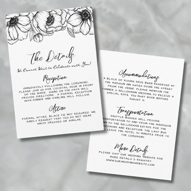 Handritade Blommiga Bröllopsdetaljer Tilläggskort (Hand Drawn Whimsical Floral Wedding Details Enclosure Card)
