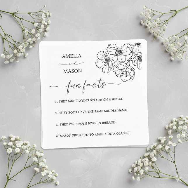 Handritade Blommiga Intressanta Fakta Bröllop Serv Pappersservett (Hand Drawn Floral Fun Facts Wedding Napkins)