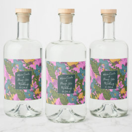 Handritade blommor vigsel bröllop fet rosa grönska spritflaskor etikett