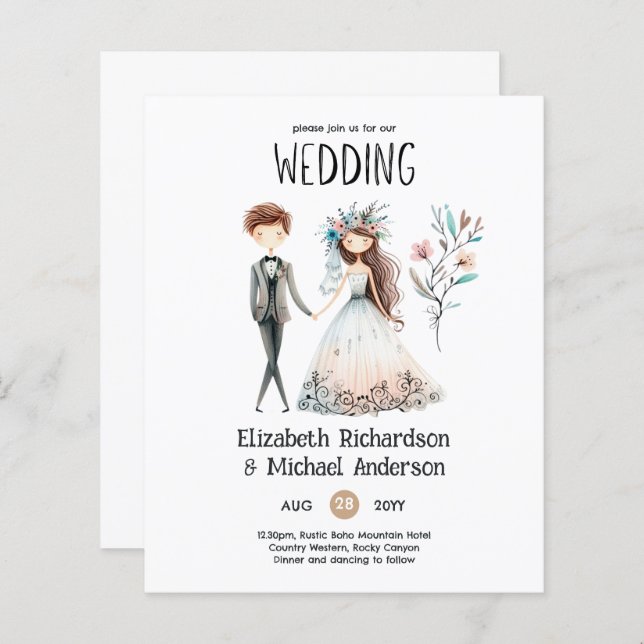 Handritade Boho Brud Brudgum Söta Bröllopsinbjudni (Fram/baksida)