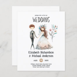 Handritade Boho Brud Brudgum Söta Bröllopsinbjudni