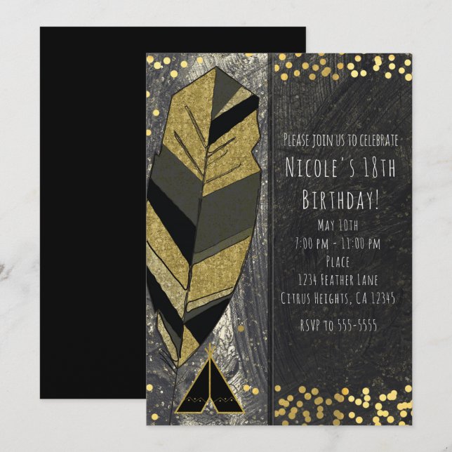 Handritade fjäder- och tepeeinbjudningar i guld oc inbjudningar (Fram/baksida)