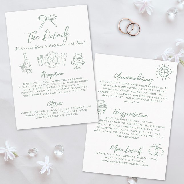 Handritade gröna fantasifulla bröllopsdetaljer tilläggskort (Hand Drawn Green Whimsical Wedding Details Enclosure Card )
