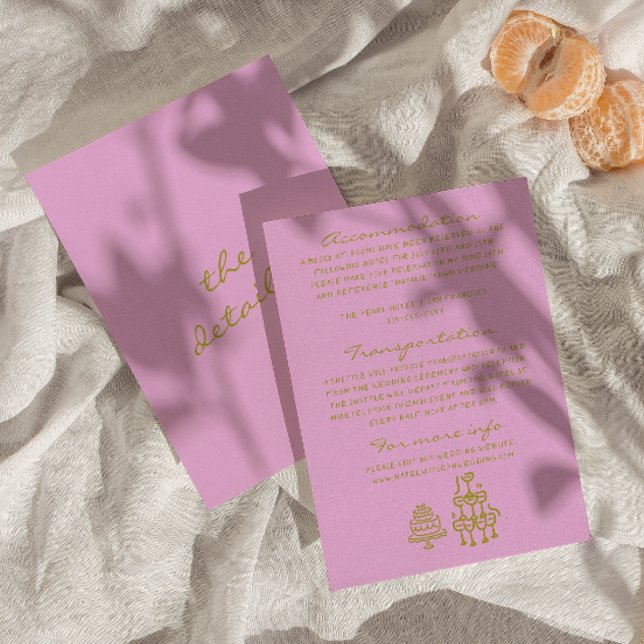 Handritade gröna rosa romantiska bröllopsdetaljer tilläggskort (Skapare uppladdad)