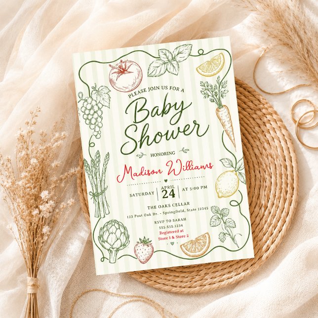 Handritade grönsaker frukter doodle baby shower inbjudningar (Skapare uppladdad)