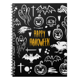Handritade Halloween-symboler, vintage-samling. Anteckningsbok