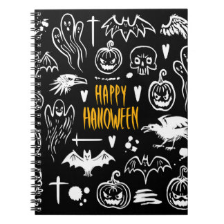 Handritade Halloween-symboler, vintage-samling. Anteckningsbok