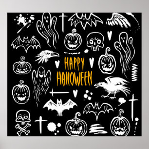 Handritade Halloween-symboler, vintage-samling. Poster
