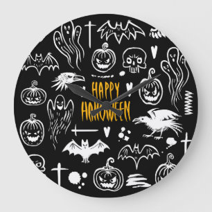 Handritade Halloween-symboler, vintage-samling. Stor Klocka