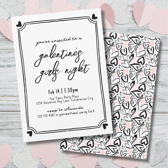 Handritade Hjärtan Tjejkväll Galentine's Day Inbjudningar (Hand Drawn Hearts Girls Night Galentine's Day Invitation)